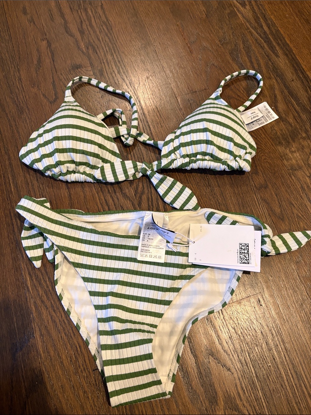 & Other Stories Green and White Striped Ribbed Bikini Set